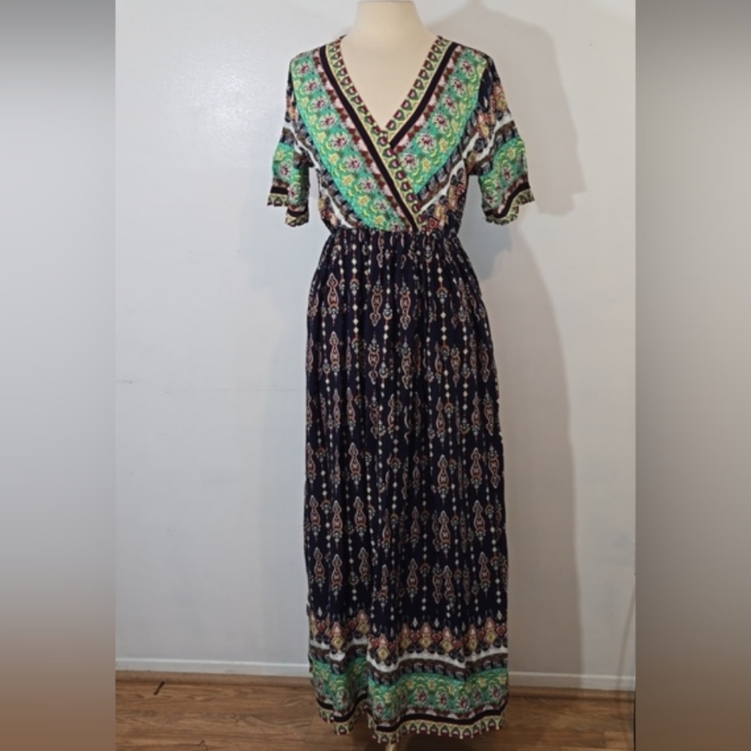 Shein Boho Pattern Blue & Green Short Sleeve Maxi Dress Size 6